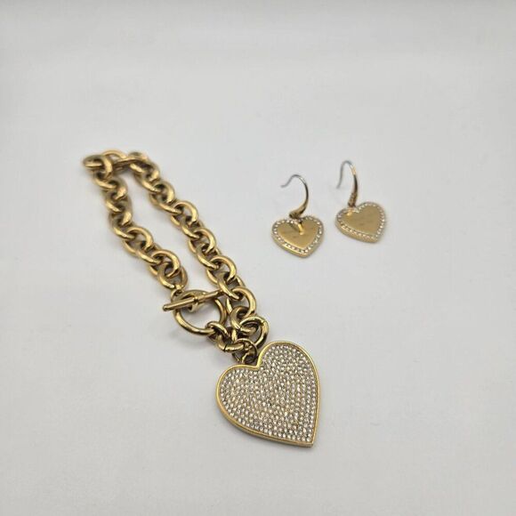 Michael Kors Gold-Tone Heart Charm Bracelet Earrings Rhinestone Accents - Picture 1 of 5